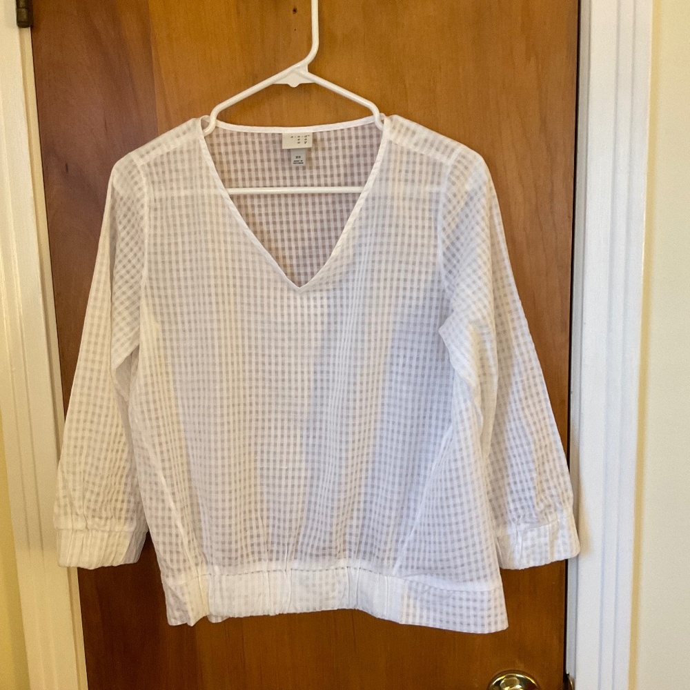 a new day White Sheer Check Pattern V-neck Blouse Top Women's Sz XS